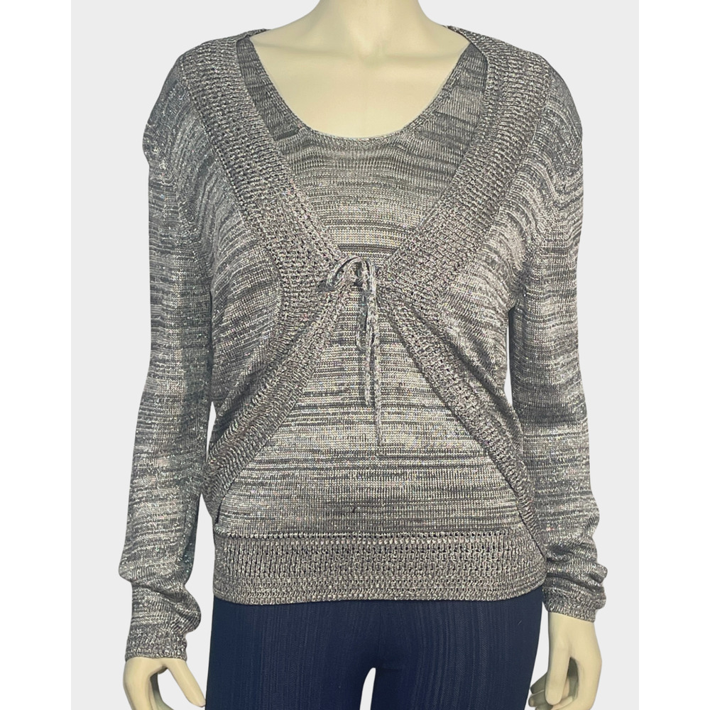 Chico's Sz 2 L 12-14 2 Pc Sweater Twin Set Tank & Cardigan Sparkly Silver Knit